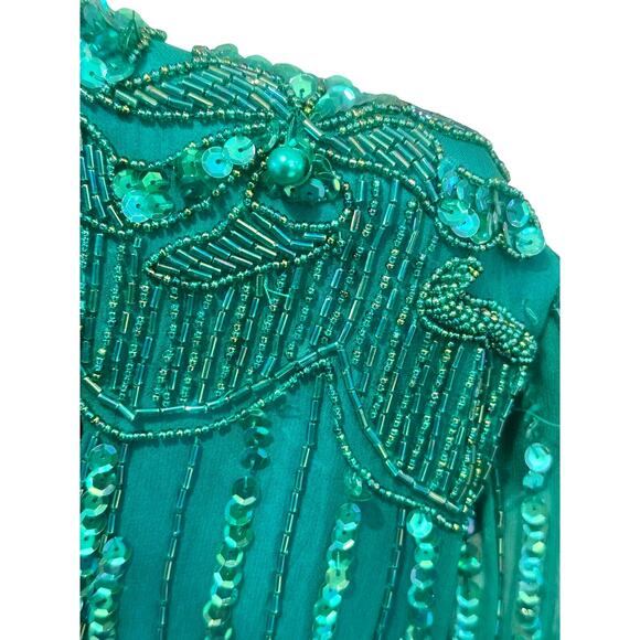 Nadine Boutique Vintage 100% Silk Hand Beaded Turquoise Green Cocktail Dress-M - Picture 8 of 16